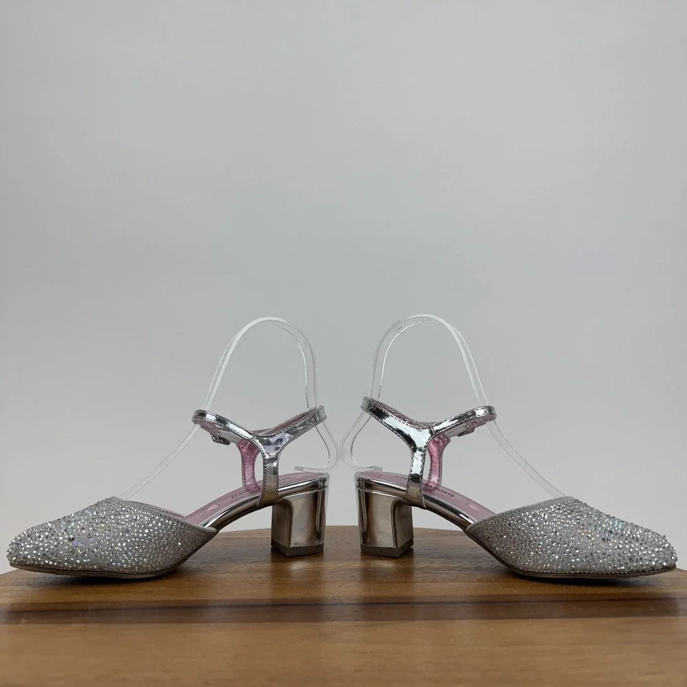 Big Kids Girls Steve Madden Lauv‎ Silver Rhinestones Heeled Pumps Size 2 Y GUC